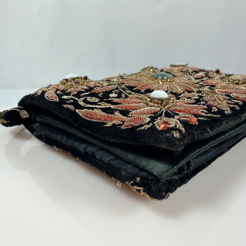 Vintage Evening Handbag Floral Embroidered & Gemstones Clutch Purse FLAW - Picture 10 of 16